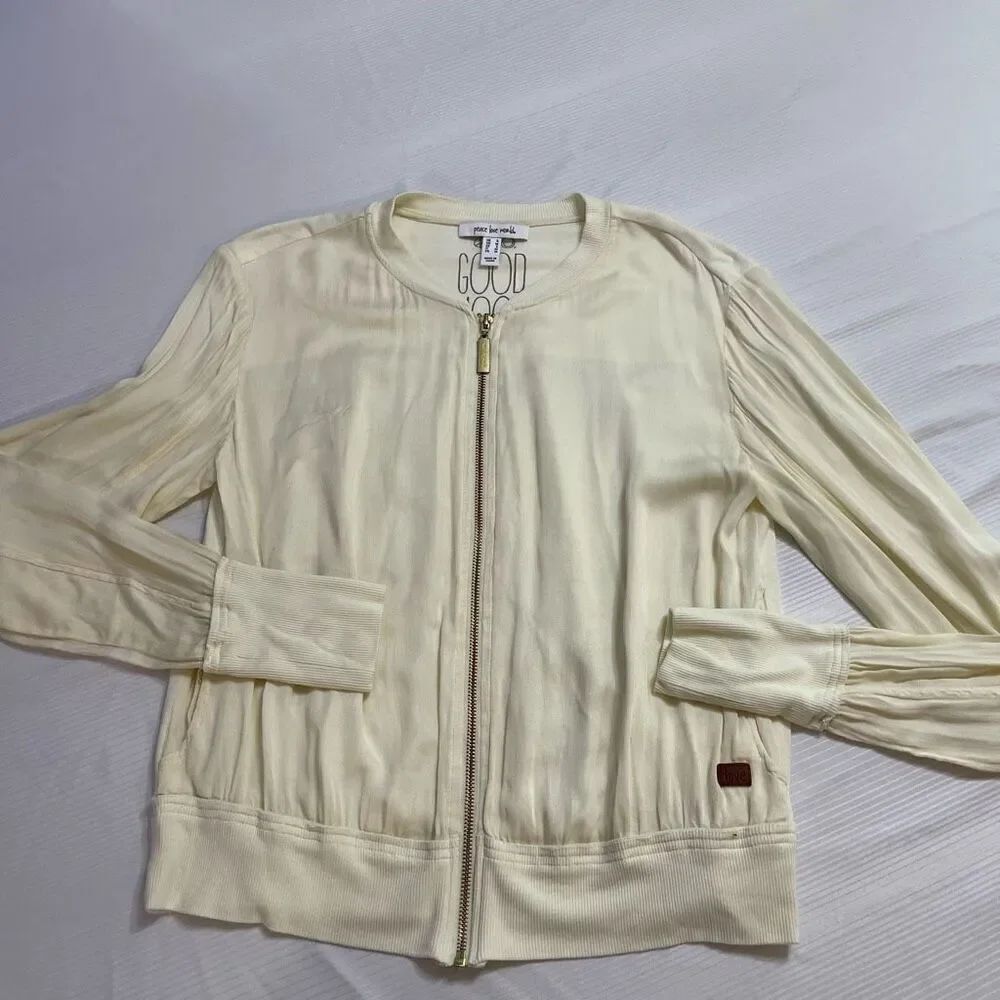 Peace Love World Cream Zip Front Summer Bomber Jacket Size Small